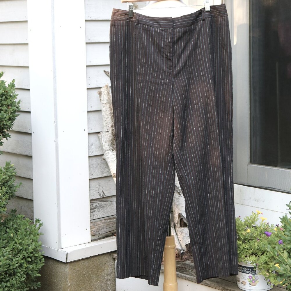 David Brooks Petite Brown w Blue Pinstripes Straight Stretch Dress Pants Sz 16P